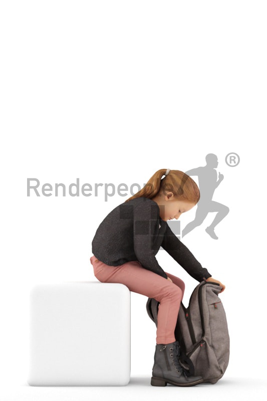 3d people casual, white 3d kid stitting and looking in her bagpack