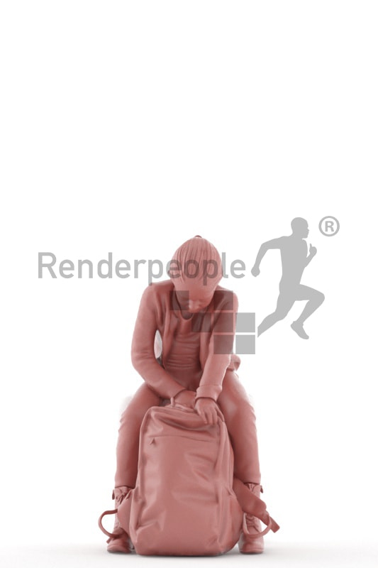 3d people casual, white 3d kid stitting and looking in her bagpack