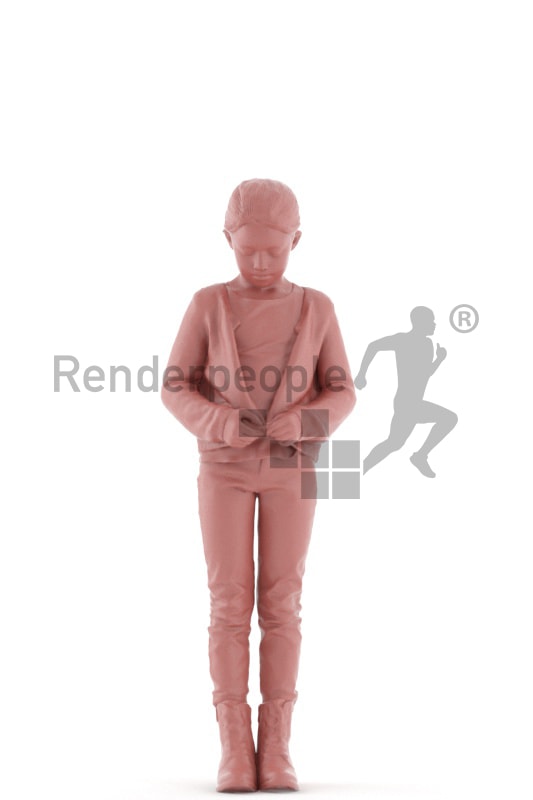 3d people casual, white 3d kid standing and closing her jacket