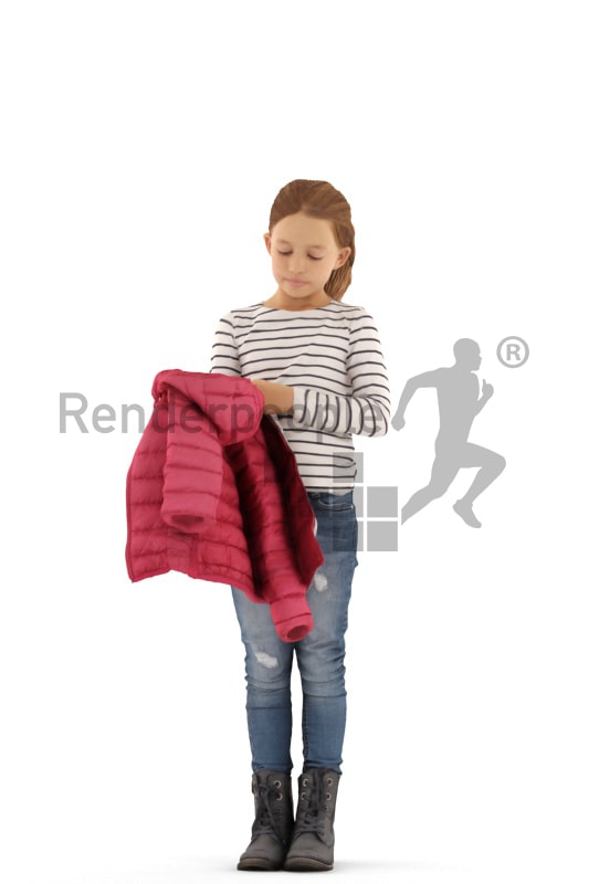 3d people casual, white 3d kid standing and putting on her jacket