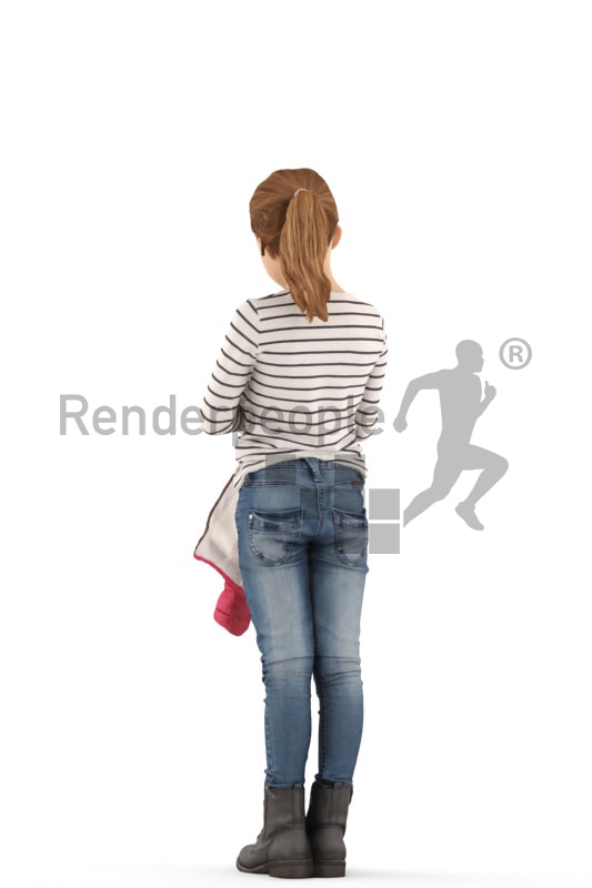 3d people casual, white 3d kid standing and putting on her jacket
