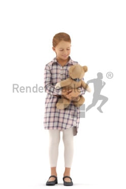 3d people casual, white 3d kid standing with her teddy bear