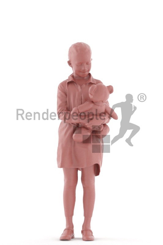 3d people casual, white 3d kid standing with her teddy bear