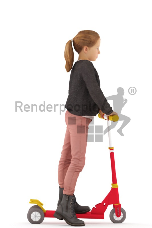 3d people casual, white 3d kid standing with her scooter