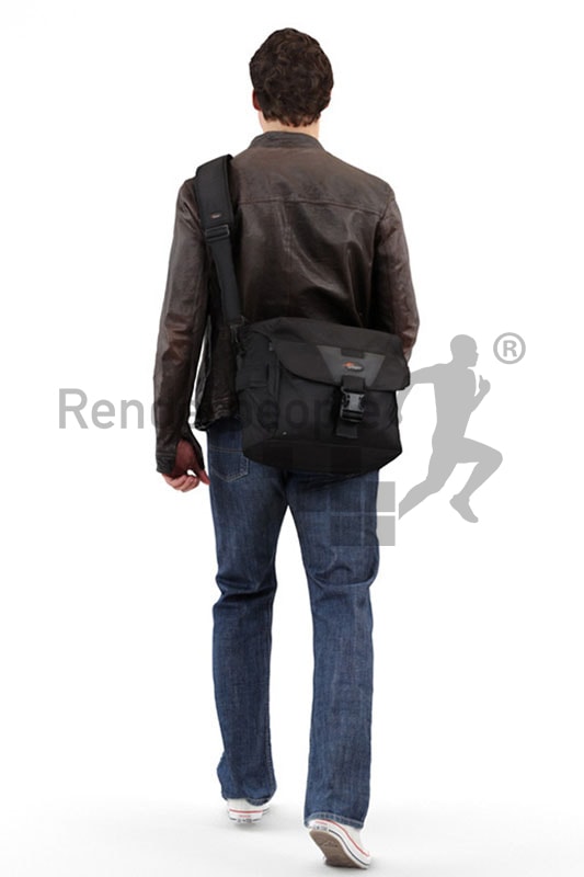 3d people casual, white 3d man with a bag walking