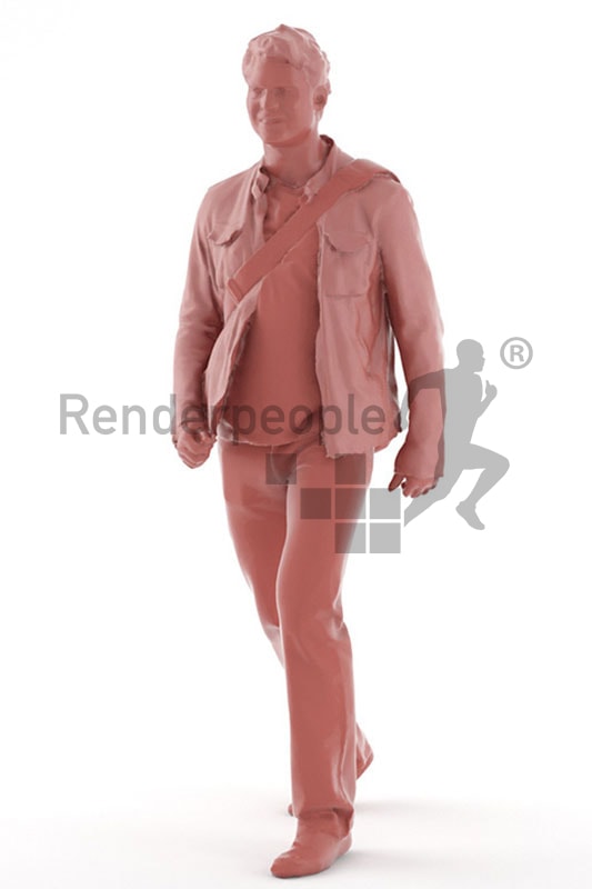 3d people casual, white 3d man with a bag walking