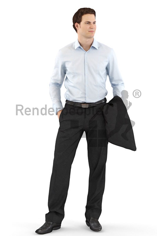 3d people business, white 3d man in a suit holding his jacket