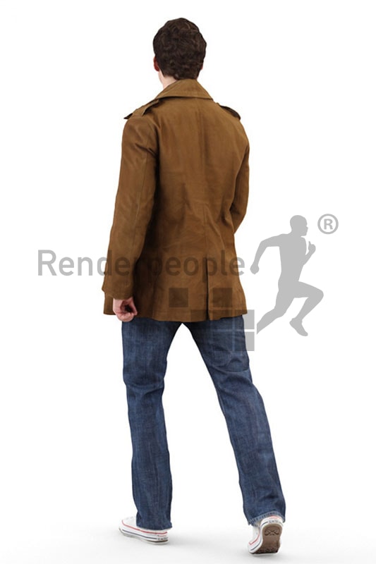 3d people outdoor, white 3d man with jacket walking