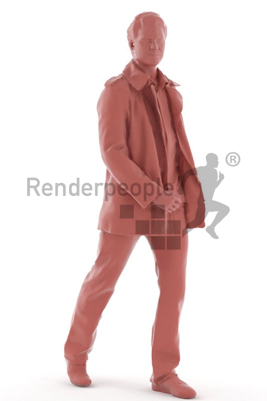 3d people outdoor, white 3d man with jacket walking