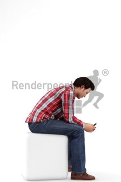 3d people casual, white 3d man sitting typing on his phone