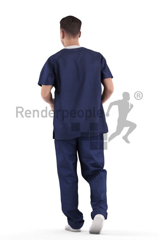 Posed 3D People model by Renderpeople – european man in scrubs clothing, carrying a box and walking