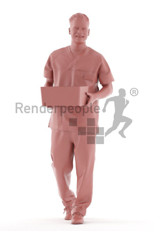Posed 3D People model by Renderpeople – european man in scrubs clothing, carrying a box and walking