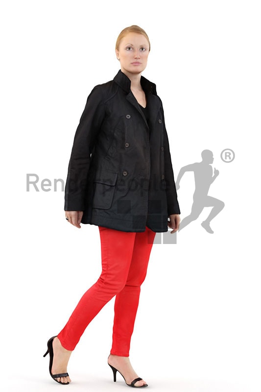 3d people outdoor, white 3d woman in red pants walking