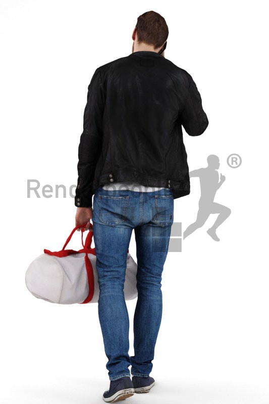 3d people casual, white 3d man on the way to the gym talking on the phone