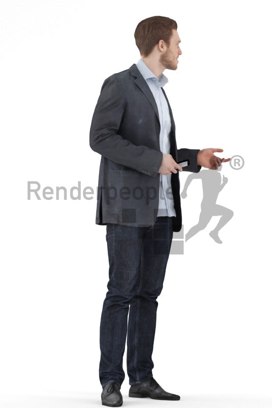 3d people casual, white 3d man standing and holding his phone