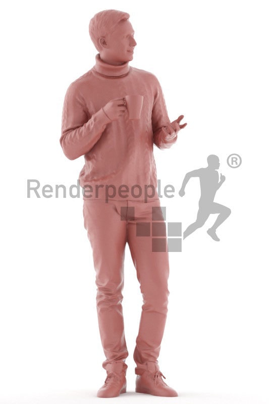 Scanned human 3D model by Renderpeople – european man in winter outfit, talking while holding a cup