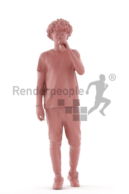 Scanned human 3D model by Renderpeople – black teenager in casual clothes, walking while drinking