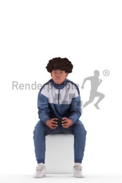 3D People model for 3ds Max and Blender – black teenager in homewear, sitting and playing video games