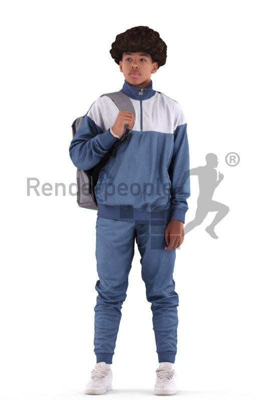 3D People model for 3ds Max and Maya – black teenager in casual clothes, standing with a backpack