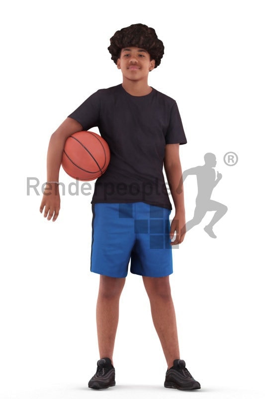 Posed 3D People model for renderings – black teenager in sports outfit, standing with a basketball underneath his arm