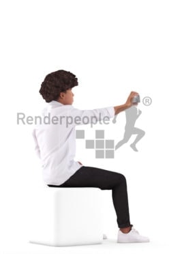 Photorealistic 3D People model by Renderpeople – black boy in a chic shirt, sitting and taking a selfie with his mobilephone