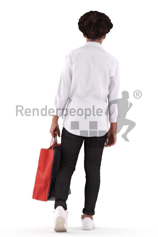 Photorealistic 3D People model by Renderpeople – black boy in a chic shirt, walking with a paperbag