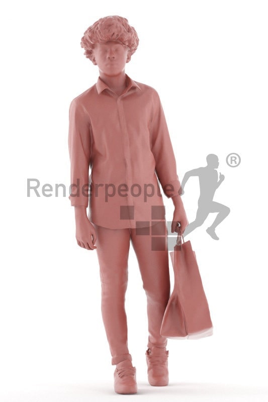 Photorealistic 3D People model by Renderpeople – black boy in a chic shirt, walking with a paperbag
