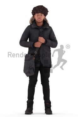 Photorealistic 3D People model by Renderpeople – black boy in winter outdoor look, standing with a bag