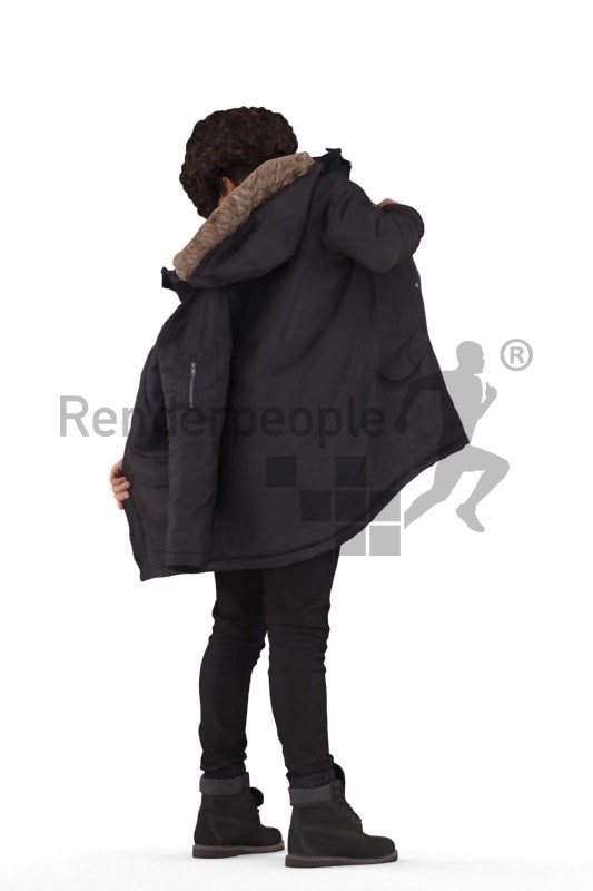 Posed 3D People model by Renderpeople – black teenager pulling on his jacket