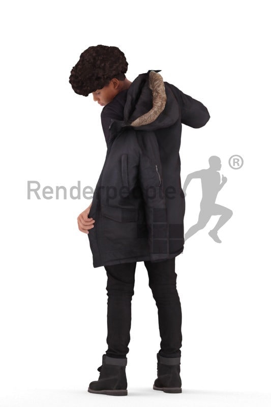 Posed 3D People model by Renderpeople – black teenager pulling on his jacket