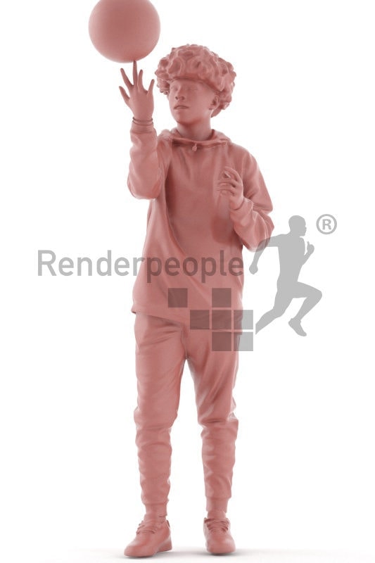 Posed 3D People model by Renderpeople – black teenager in street clothes, playing with a basketball, doing tricks