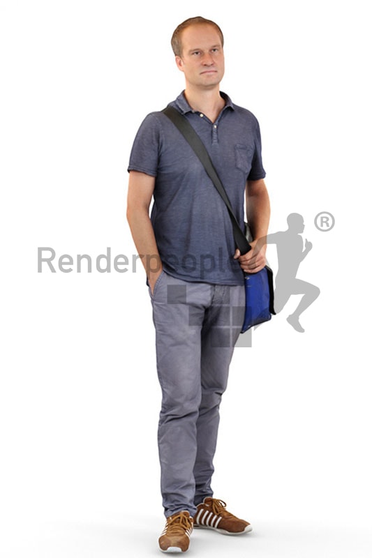 3d people casual, white 3d man with a bag standing