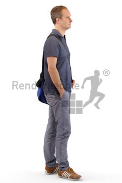 3d people casual, white 3d man with a bag standing