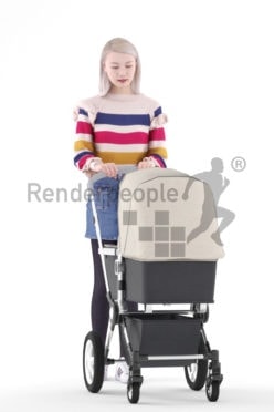 Posed 3D People model for renderings – asian woman carrying a buggy