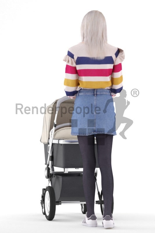 Posed 3D People model for renderings – asian woman carrying a buggy
