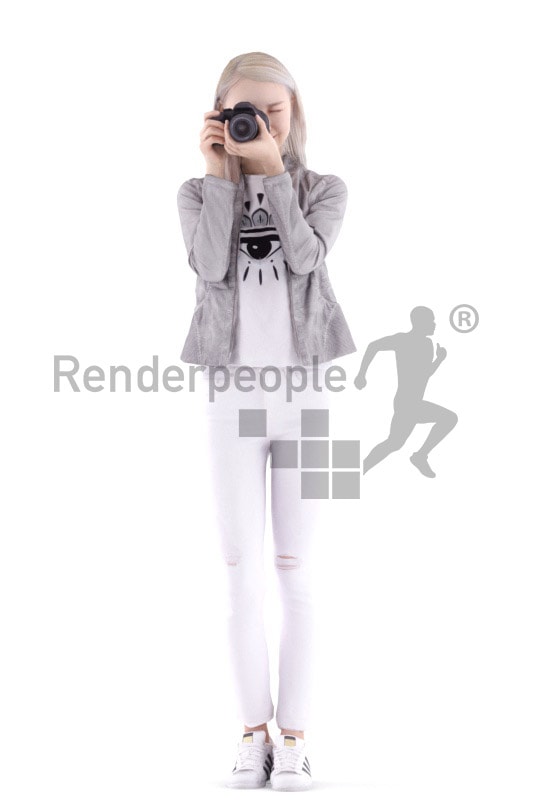 3d people casual, asian 3d woman standing taking a photo