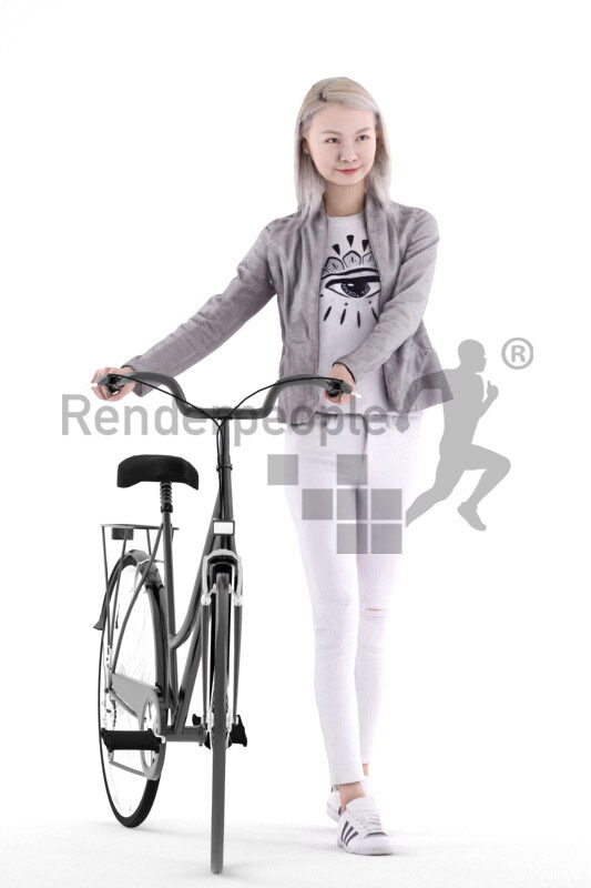 Posed 3D People model for visualization – asian female in daily outfit, walking with bike