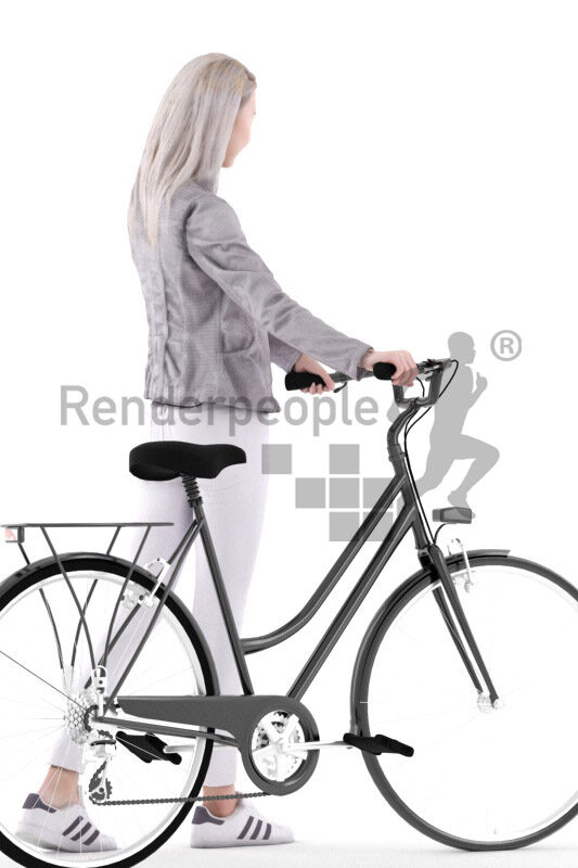 Posed 3D People model for visualization – asian female in daily outfit, walking with bike