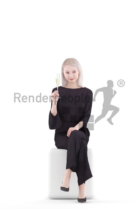 Posed 3D People model for visualization – asian woman in a chic event dress, sitting and drinking prosecco