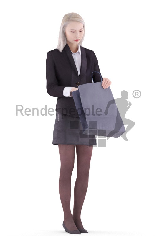 3d people business, asian 3d woman standing looking into a shopping bag