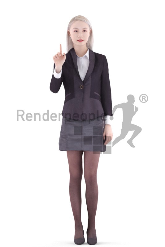 3d people business, asian 3d woman standing and touching a control