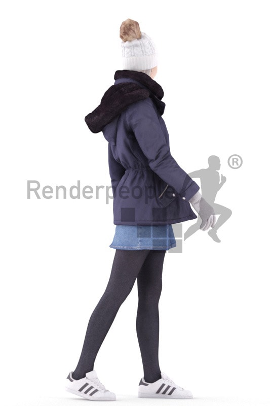 3d people outdoor, asian 3d woman walking looking over her shoulder