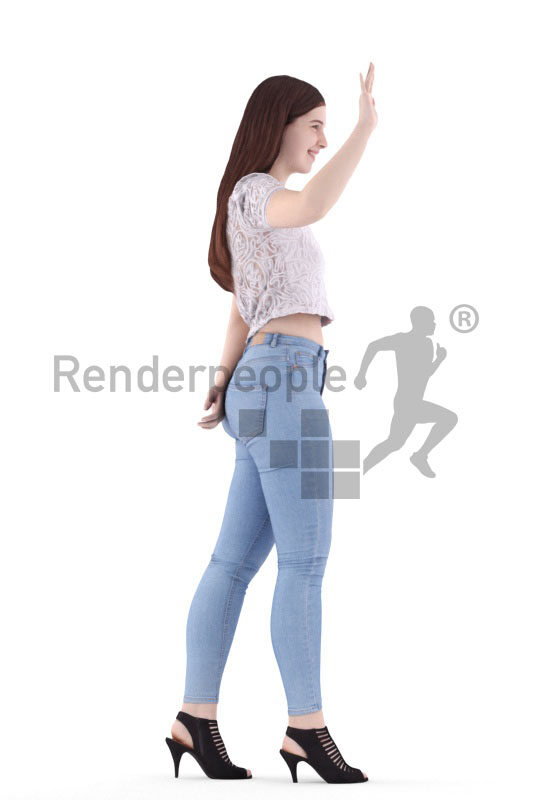 Scanned 3D People model for visualization – white woman in casual summer look, walking and waving