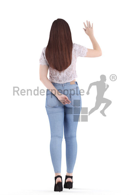 Scanned 3D People model for visualization – white woman in casual summer look, walking and waving