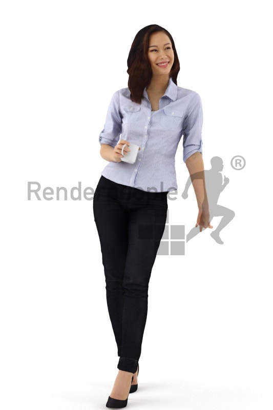 3d people business, asian 3d woman leaning against table and holding a cup