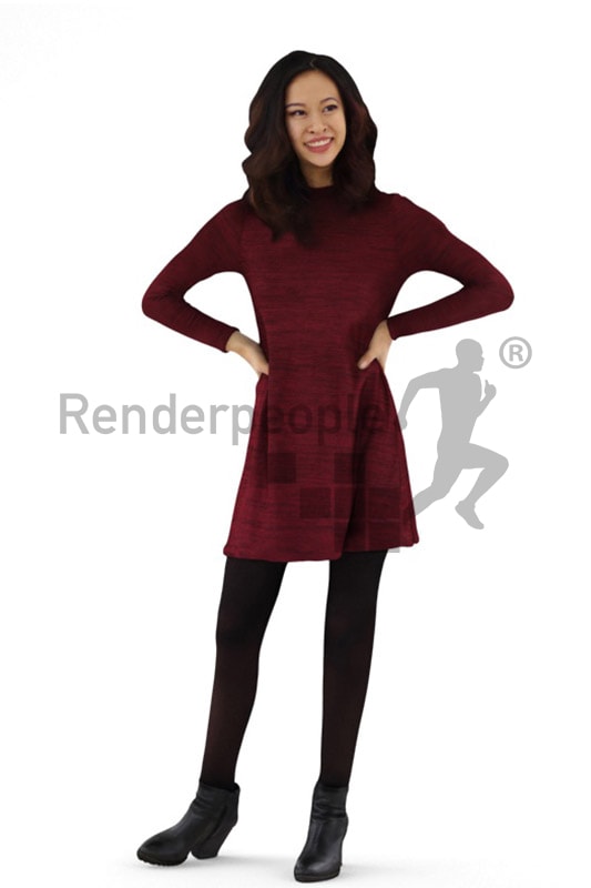 3d people casual, asian 3d woman standing with her hands in her hips and smiling
