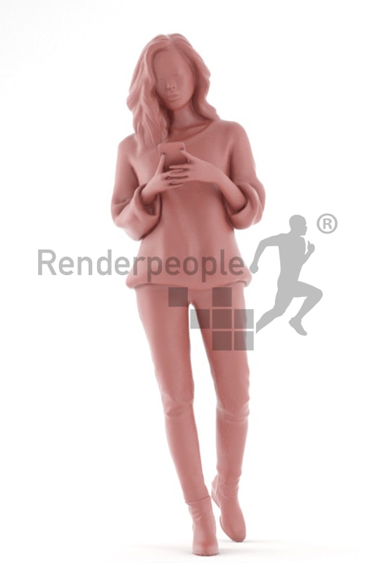3d people casual, asian 3d woman walking and typing on her phone