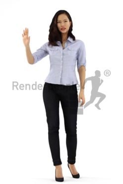 3d people business, asian 3d woman waving