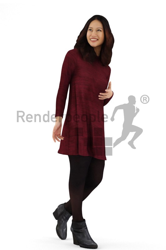 3d people casual, asian 3d woman walking and smiling