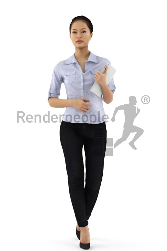 3d people business, asian 3d woman walking with a tablet in her hand